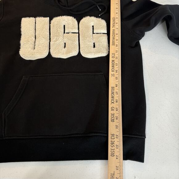 UGG Women's Rey Fuzzy Hoodie Sz L Black Spell Out Logo Fleece Lined Soft Lounge - Picture 9 of 10